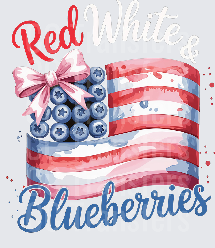 Red White & Blueberries Patriotic Flag with Pink Bow (DTF)
