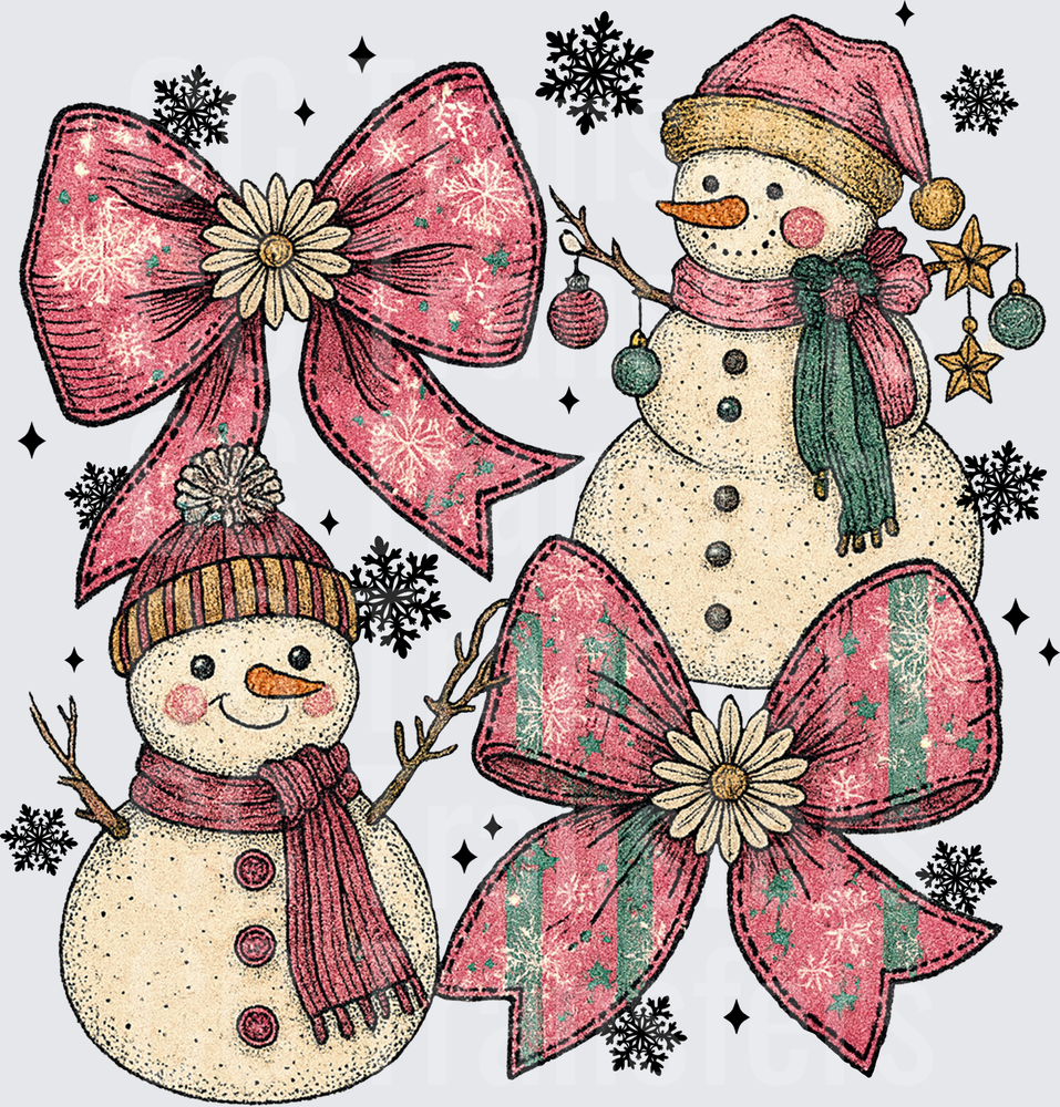 Vintage Pink Bow Snowman Duo Christmas Winter (DTF)