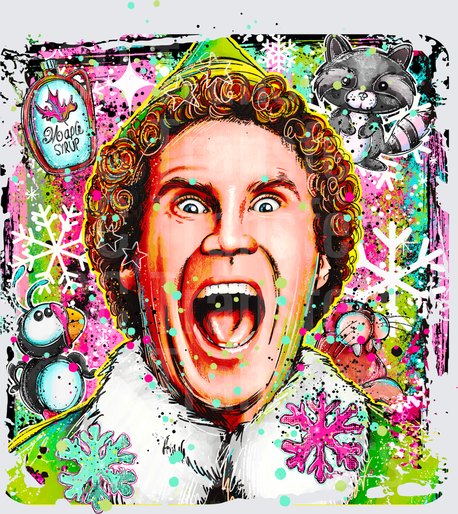 Excited Christmas Elf Pop Art with Holiday Icons (DTF)