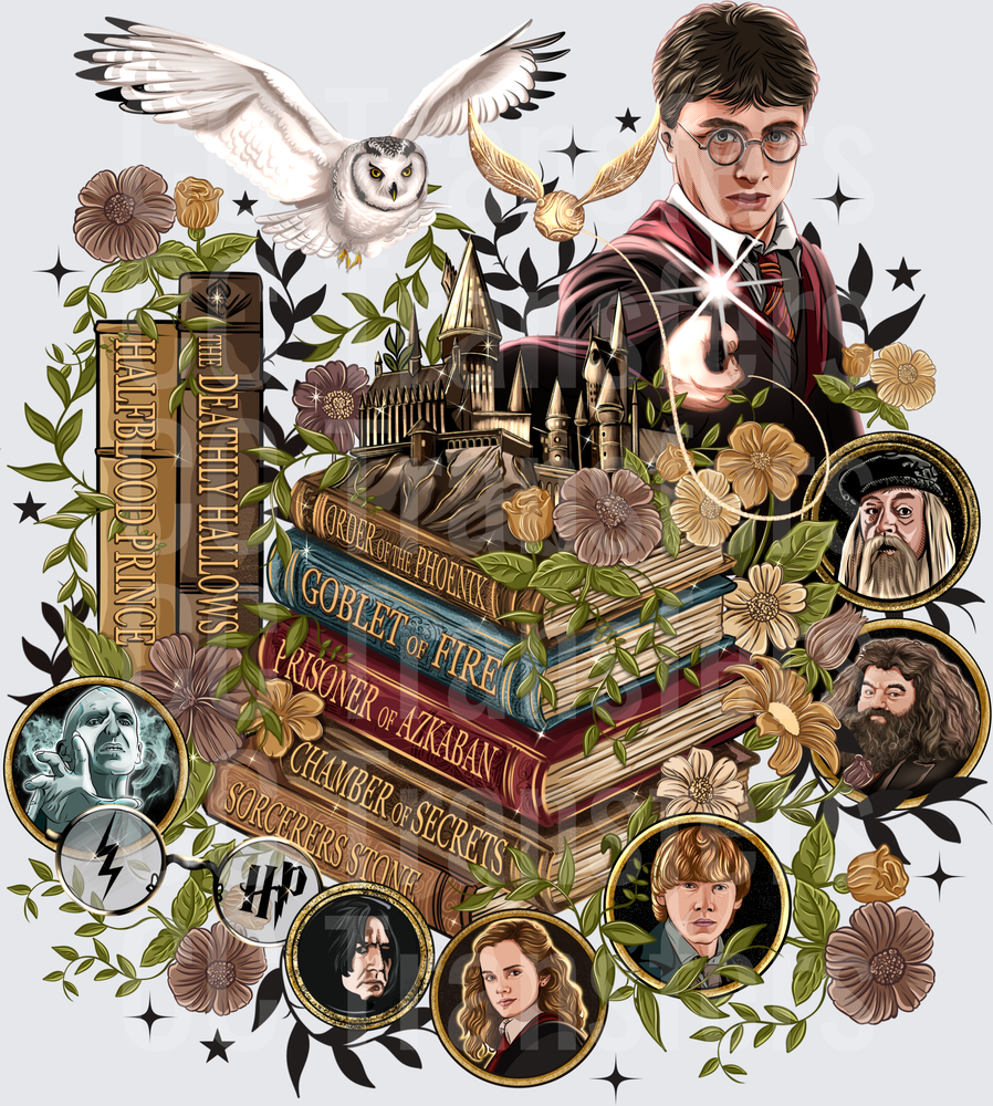Wizard Boy Book Stack Floral Characters Collage (DTF)