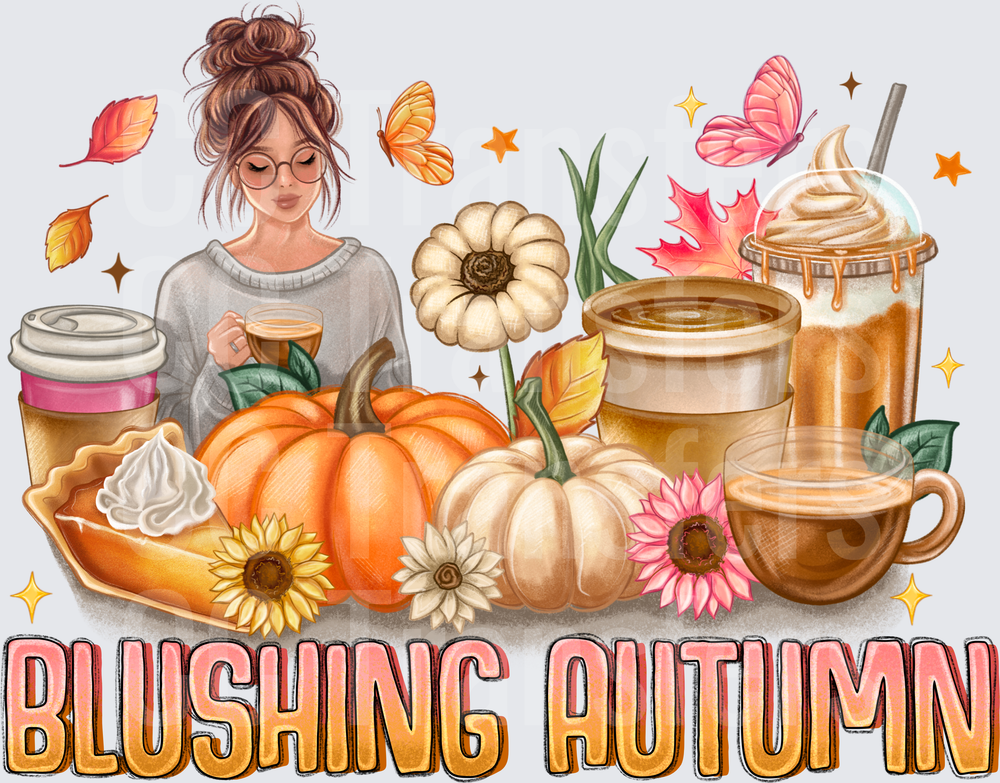 Blushing Autumn Girl Pumpkins Coffee Flowers Fall (DTF)