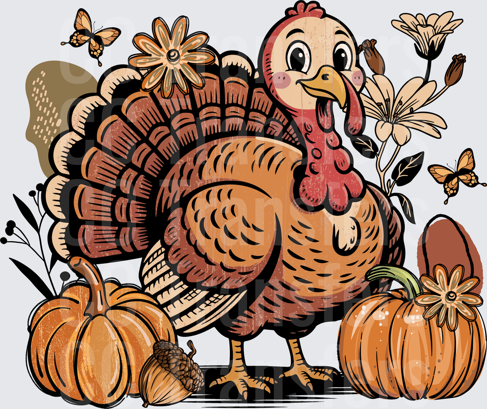 Cute Thanksgiving Turkey Pumpkins Flowers Butterflies (DTF)