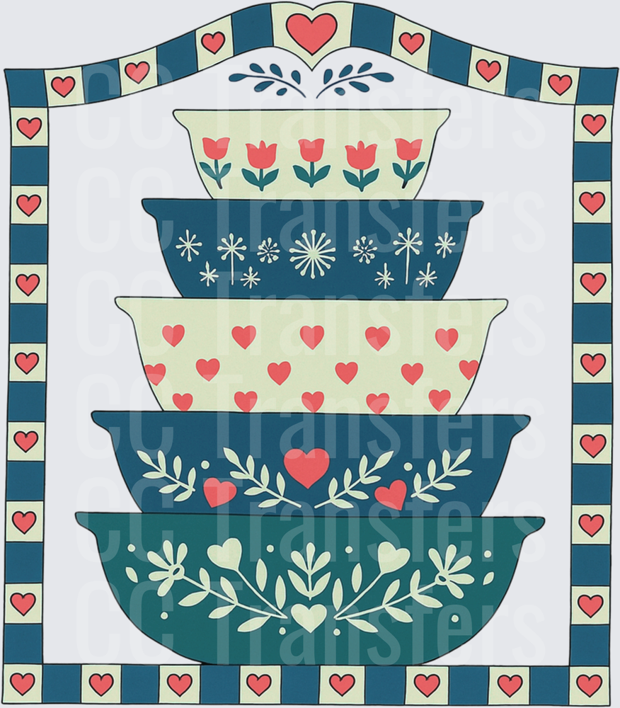 Stacked Nesting Bowls Folk Art Hearts Floral Border (DTF)