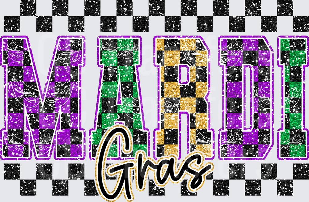 Mardi Gras Glitter Checkered Purple Green Gold Mask (DTF)