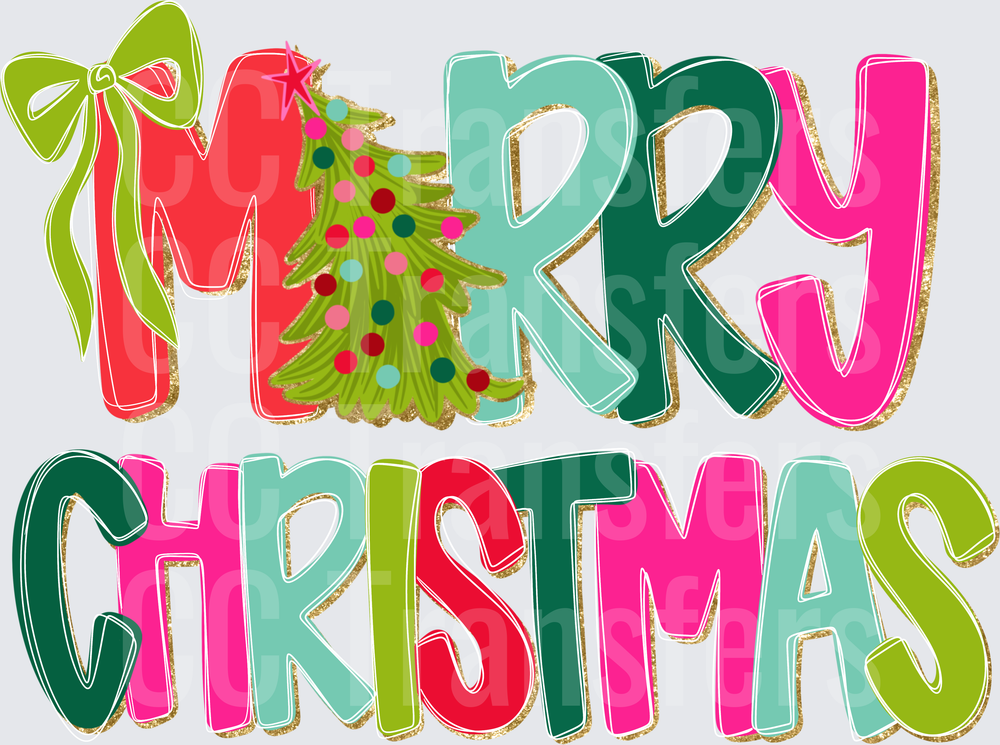 Merry Christmas Colorful Bold Text with Festive Tree (DTF)