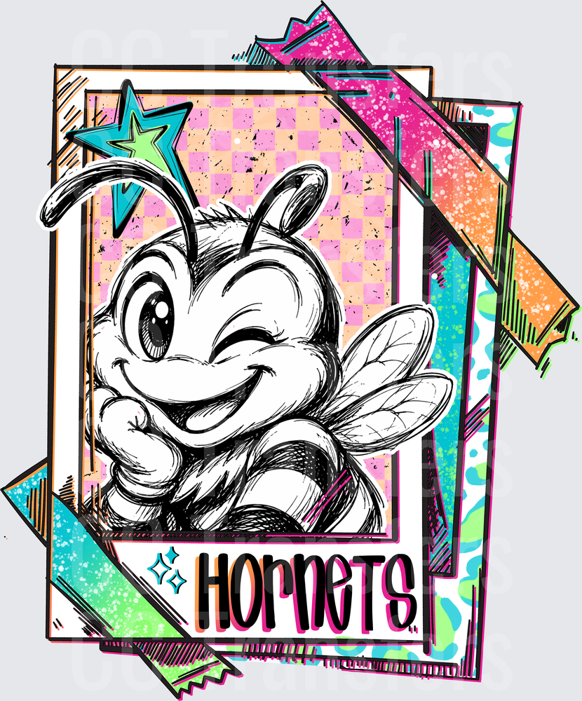 Retro Hornets Mascot Bee Sketch Polaroid Collage (DTF)