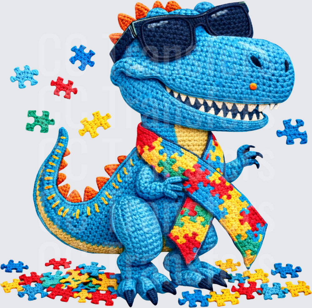 Crochet T-Rex Sunglasses Autism Awareness Puzzle Pieces (DTF)