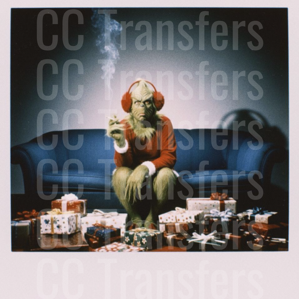 Grumpy Green Christmas Creature Smoking on Couch (DTF)