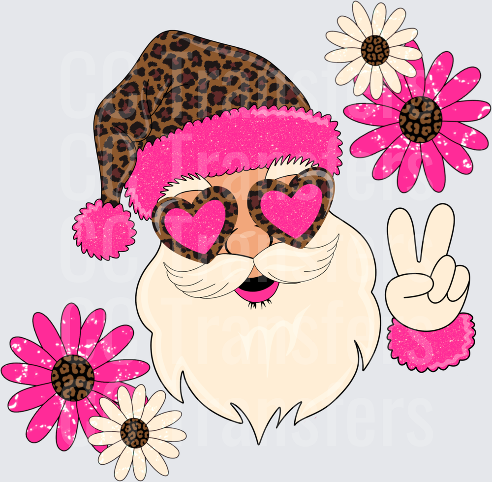 Groovy Santa Leopard Hat Pink Heart Sunglasses Peace Sign (DTF)