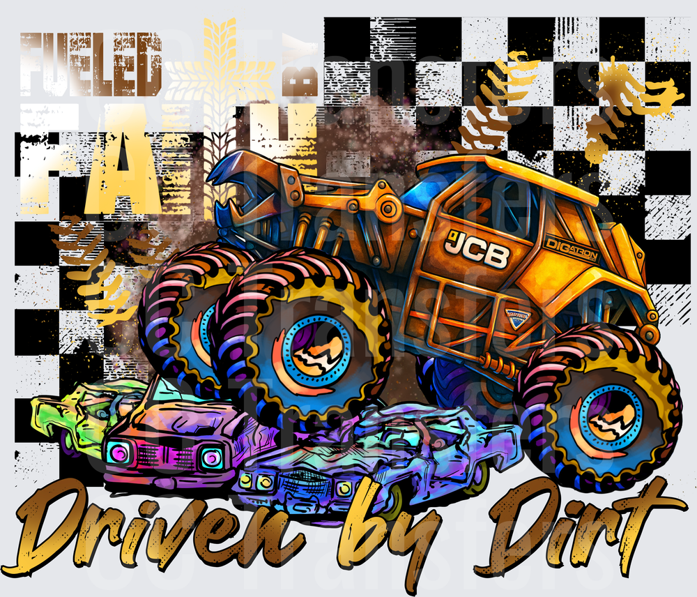 Driven By Dirt Monster Truck Crushing Cars Checkered (DTF)