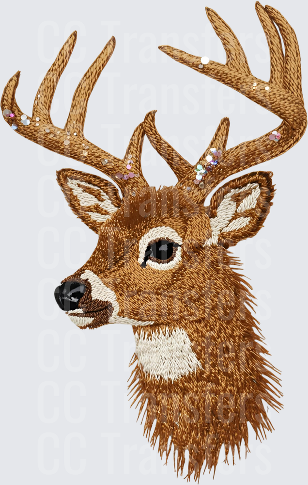 Embroidered Whitetail Buck Portrait with Glitter Antlers (DTF)