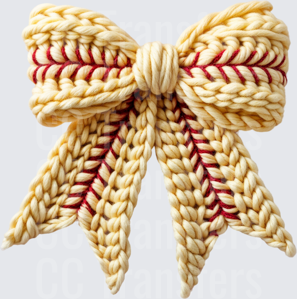 Cream Knit Yarn Bow with Red Stripe Detail (DTF)