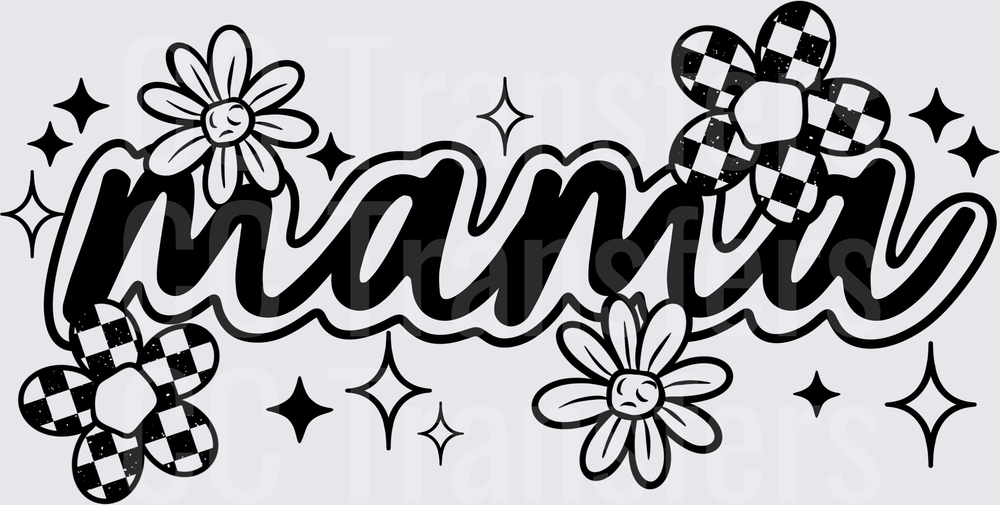Retro Mama Script with Checkered and Daisy Flowers (DTF)