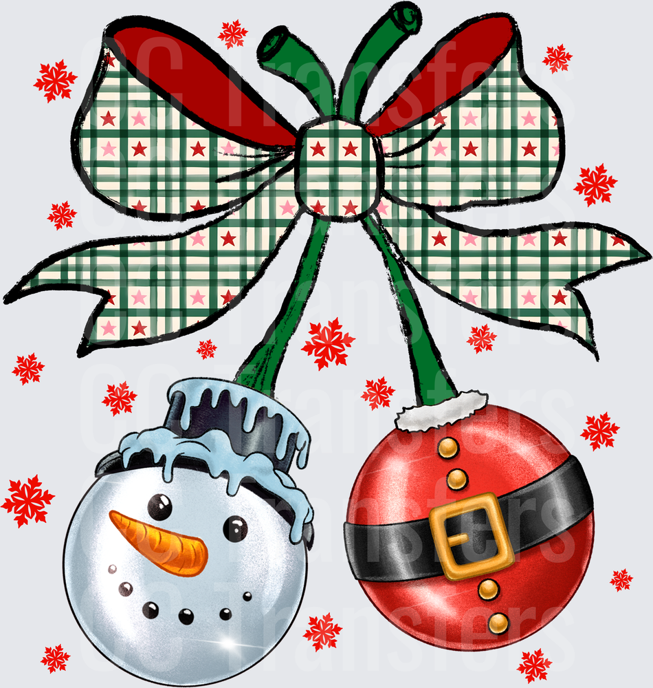 Snowman & Santa Belt Ornaments Plaid Bow Snowflakes (DTF)