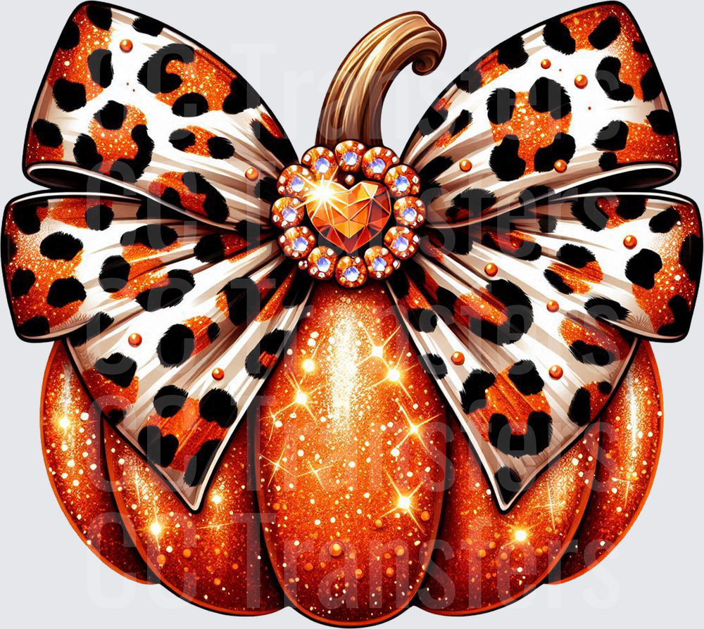 Glitter Pumpkin Leopard Print Bow Rhinestone Heart (DTF)