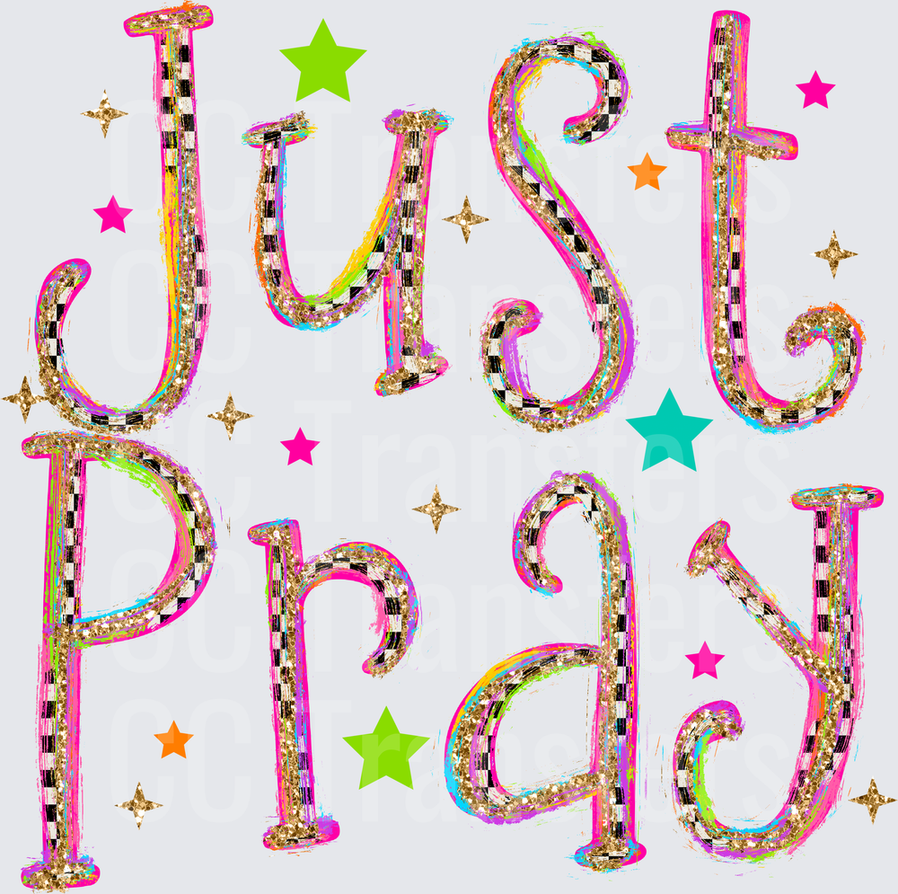 Just Pray Glitter Checkerboard Colorful Stars Script (DTF)