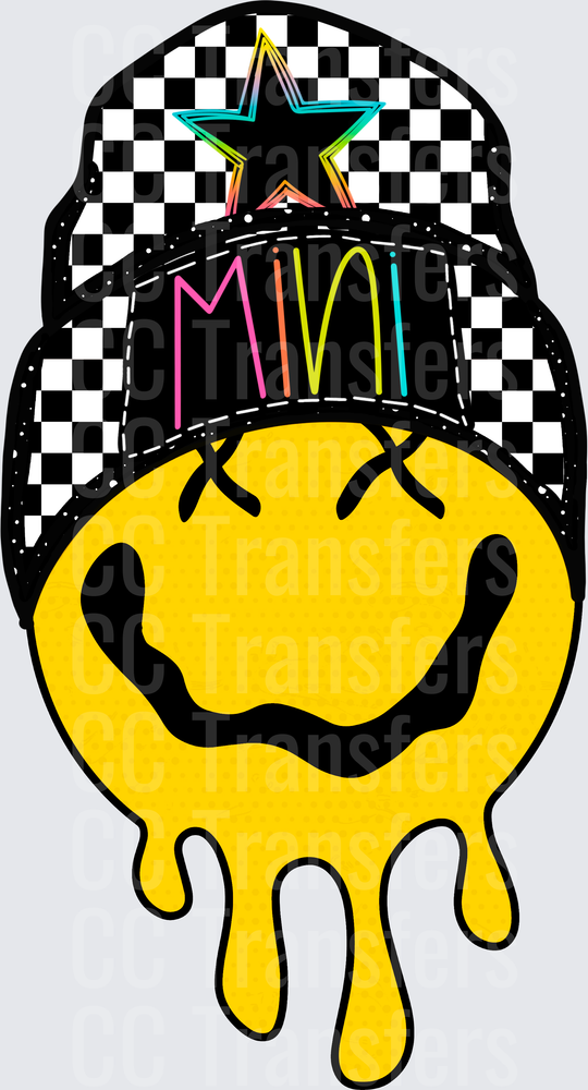 Melting Smiley Face Checkered Beanie Mini Star DTF