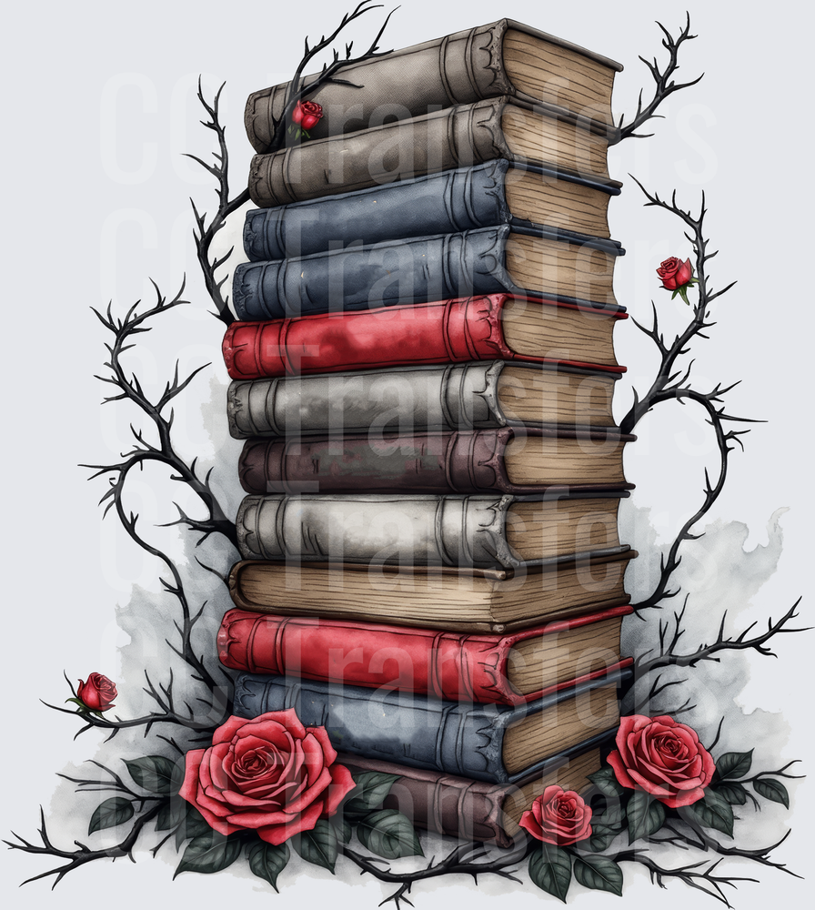Gothic Stack of Books with Red Roses and Dark Thorns (DTF)
