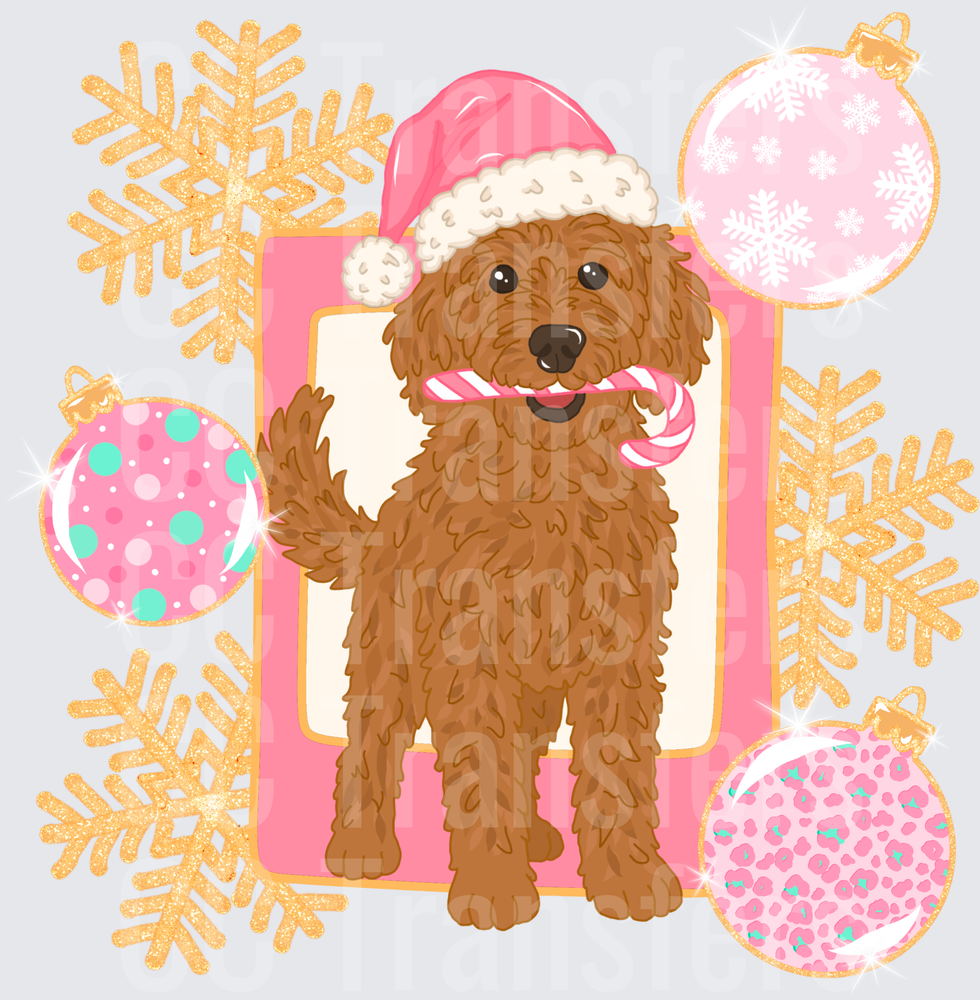 Fluffy Brown Doodle Dog Santa Hat Candy Cane Christmas (DTF)