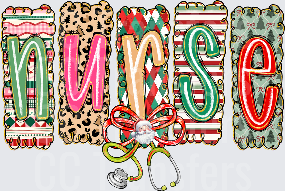 Christmas Nurse Stethoscope Holiday Patchwork Letters (DTF)