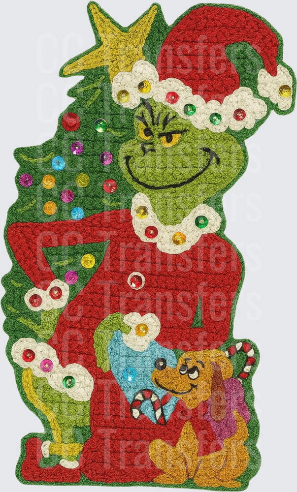Crochet Style Green Christmas Character With Dog DTF