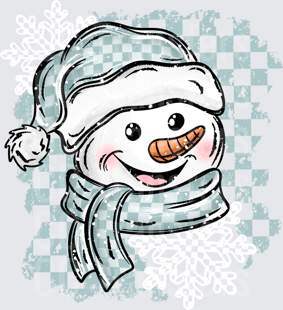 Cheerful Snowman Santa Hat Checkered Scarf Winter (DTF)