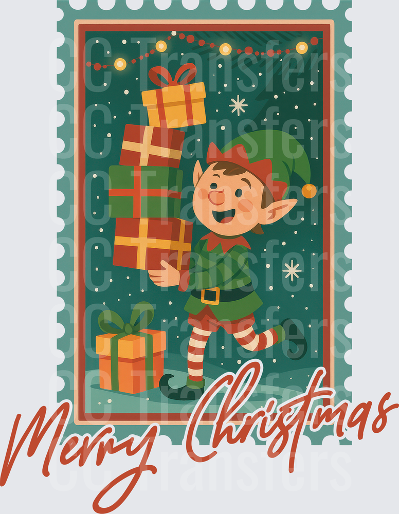 Merry Christmas Elf Carrying Gifts Vintage Stamp (DTF)