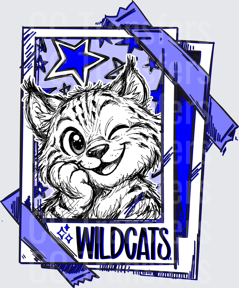 Wildcats Cartoon Wildcat Mascot Blue Stars Sketch (DTF)