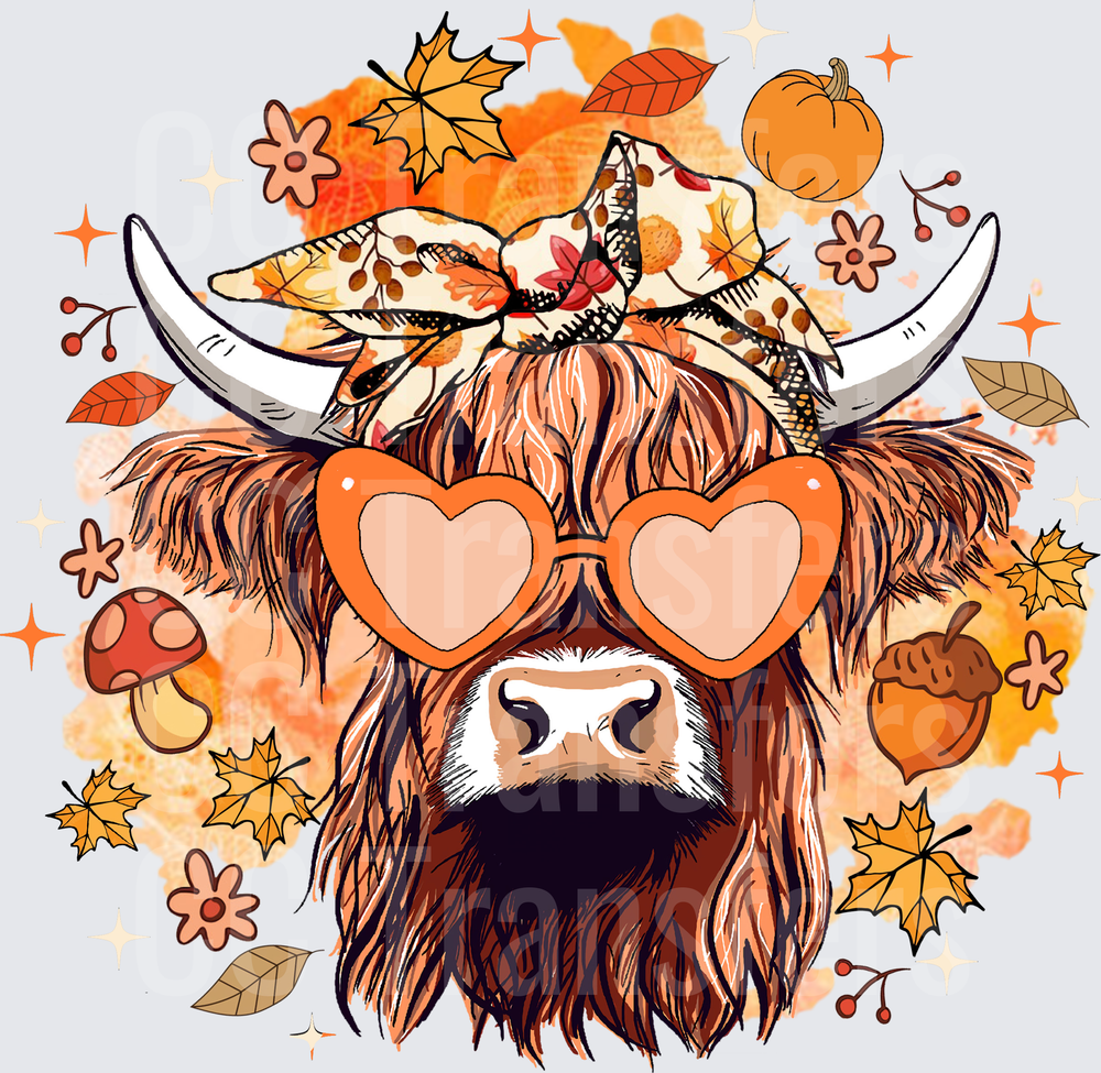Fall Highland Cow Heart Sunglasses Autumn Leaves (DTF)