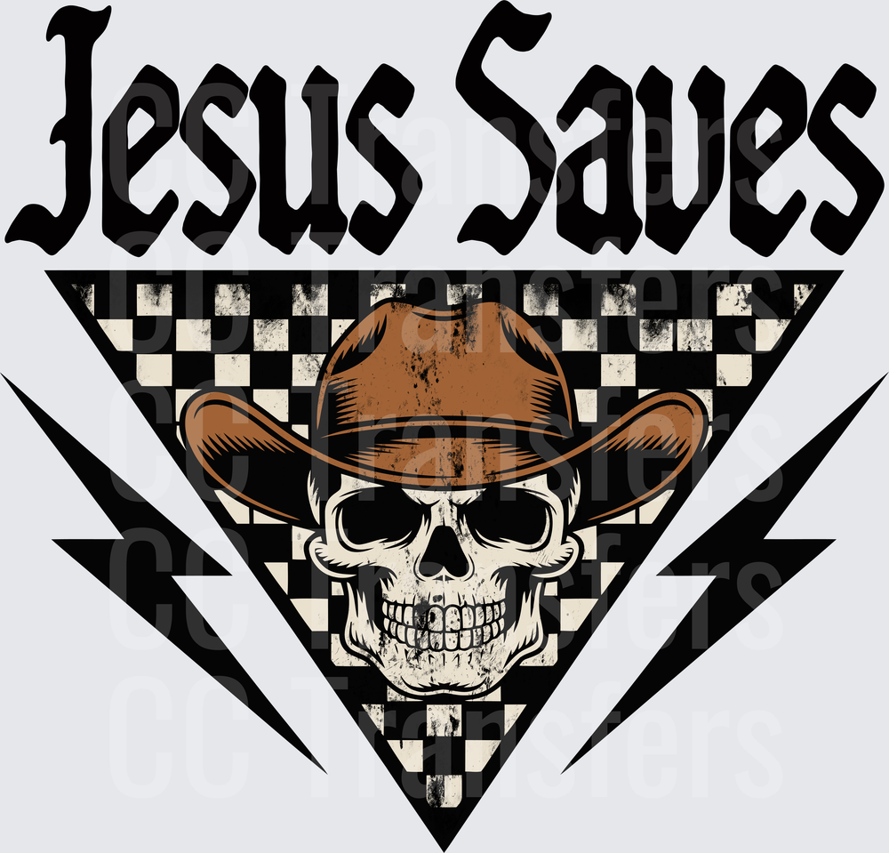 Jesus Saves Cowboy Skull Lightning Bolt Checker Triangle (DTF)
