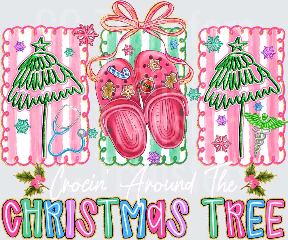 Christmas Tree Nurse Clogs Stethoscope Caduceus Holiday DTF