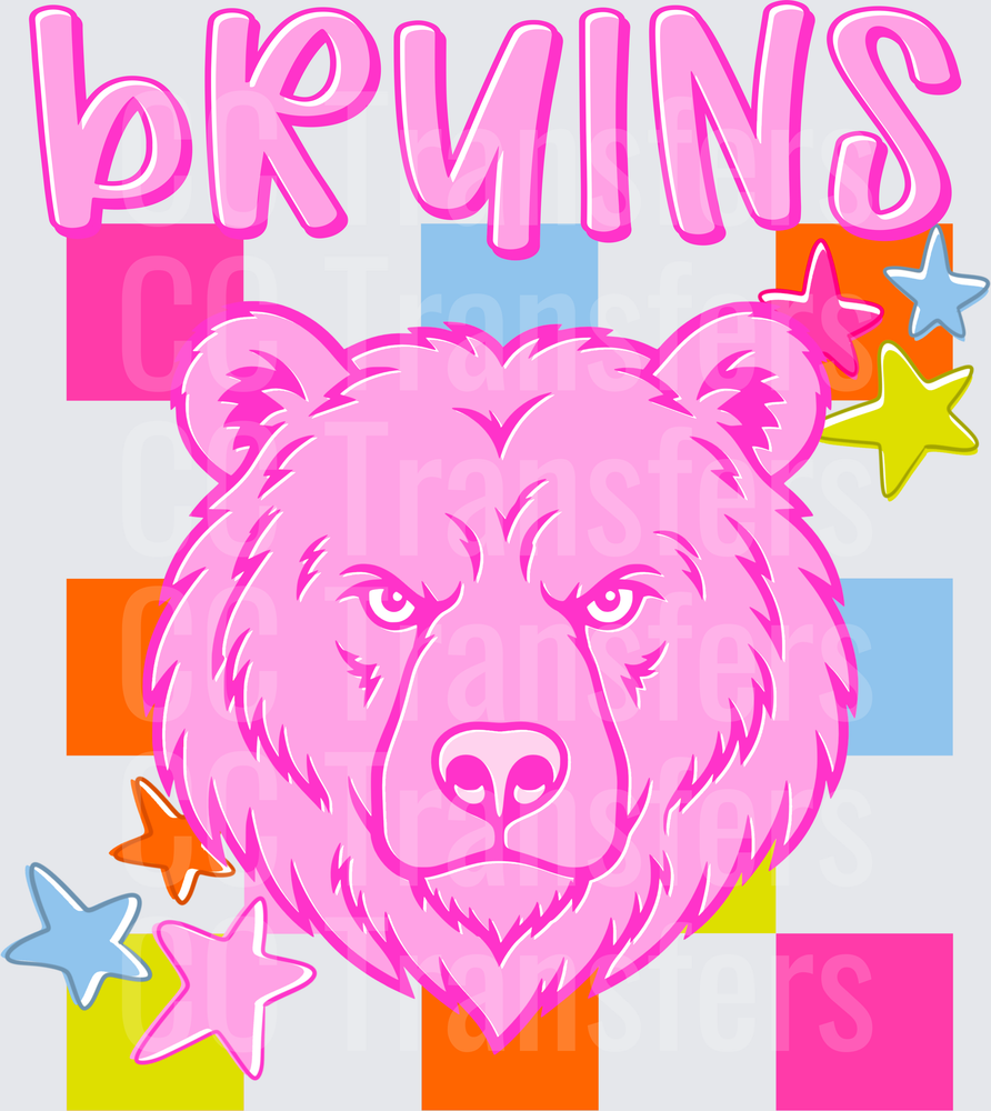 Pink Bruins Bear Head Colorful Checkered Stars (DTF)