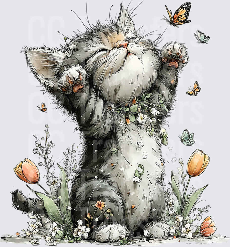 Fluffy Gray Kitten with Tulips and Butterflies Spring (DTF)