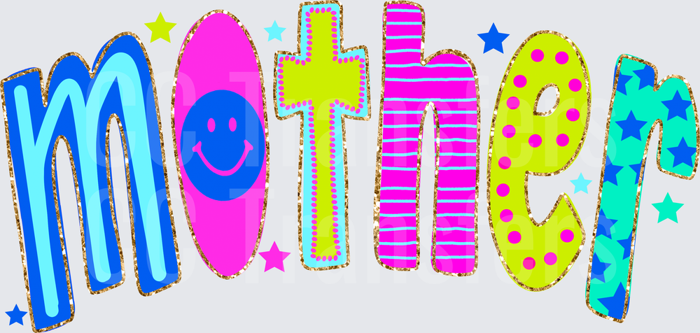 Colorful Patterned Mother Word Art with Stars (DTF)