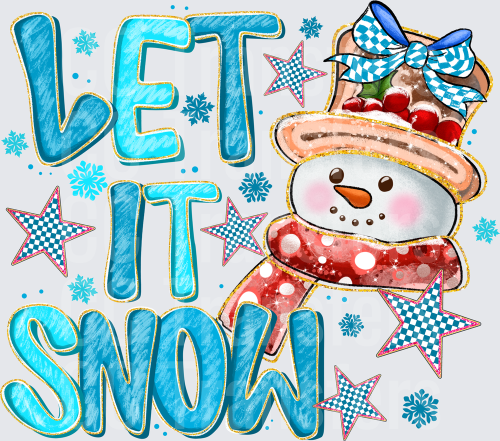 Let It Snow Cute Snowman Blue Glitter Winter Design (DTF)