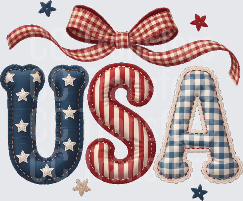 Patchwork Quilted USA Letters with Gingham Bow (DTF)