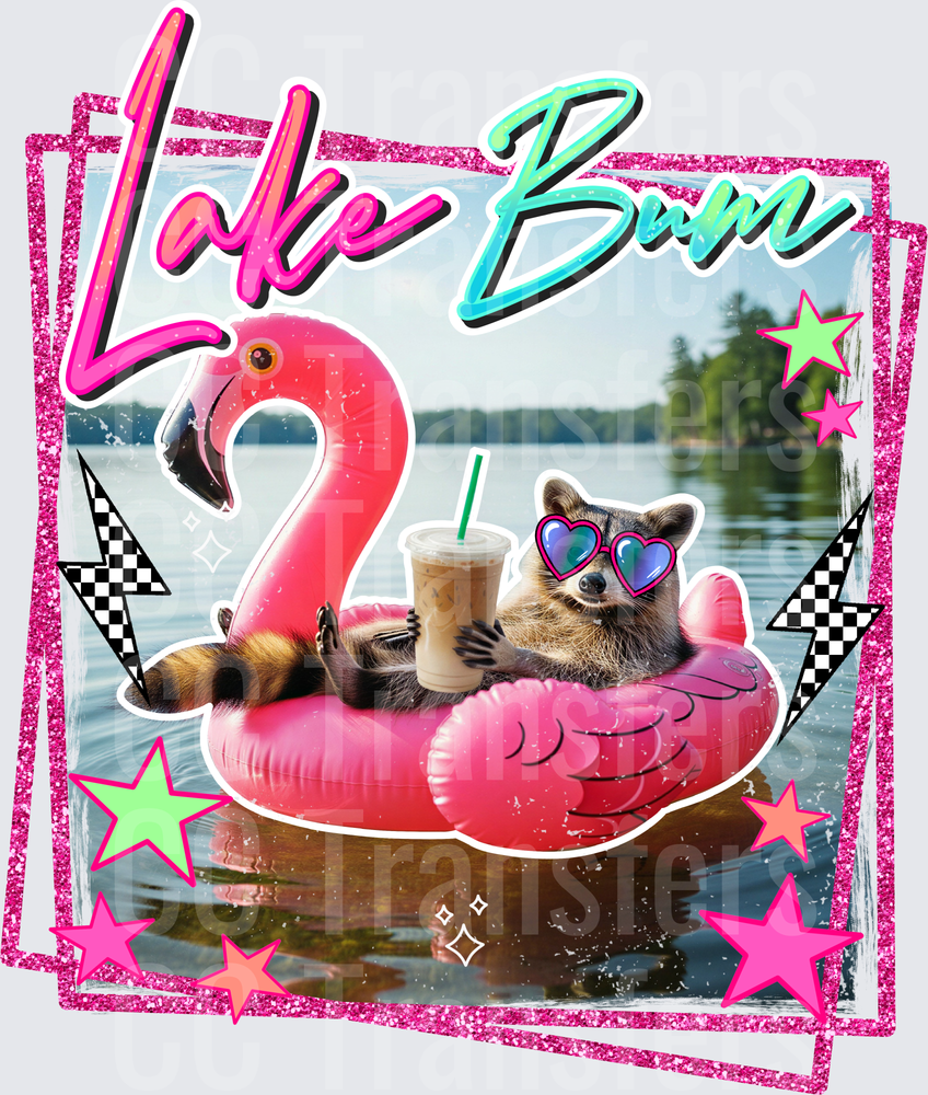 Lake Bum Raccoon on Flamingo Float with Iced Coffee (DTF)