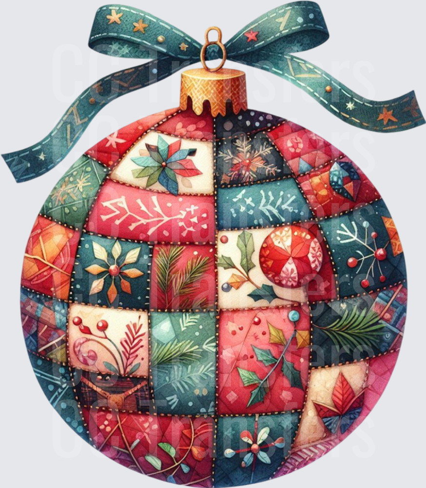 Quilted Patchwork Christmas Ornament with Teal Bow (DTF)