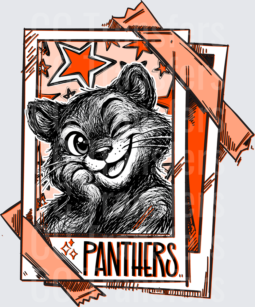 Smirking Panther Mascot Polaroid Stars Orange Sketch (DTF)