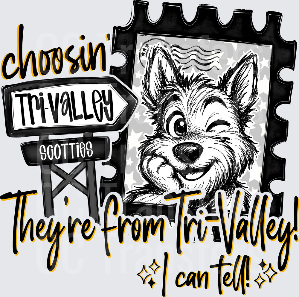 Choosin Tri-Valley Scotties Cartoon Mascot Stamp Design (DTF)