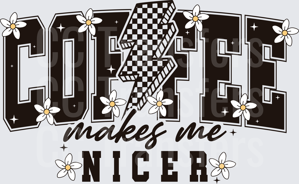 Coffee Makes Me Nicer Checkered Lightning Bolt Daisy (DTF)