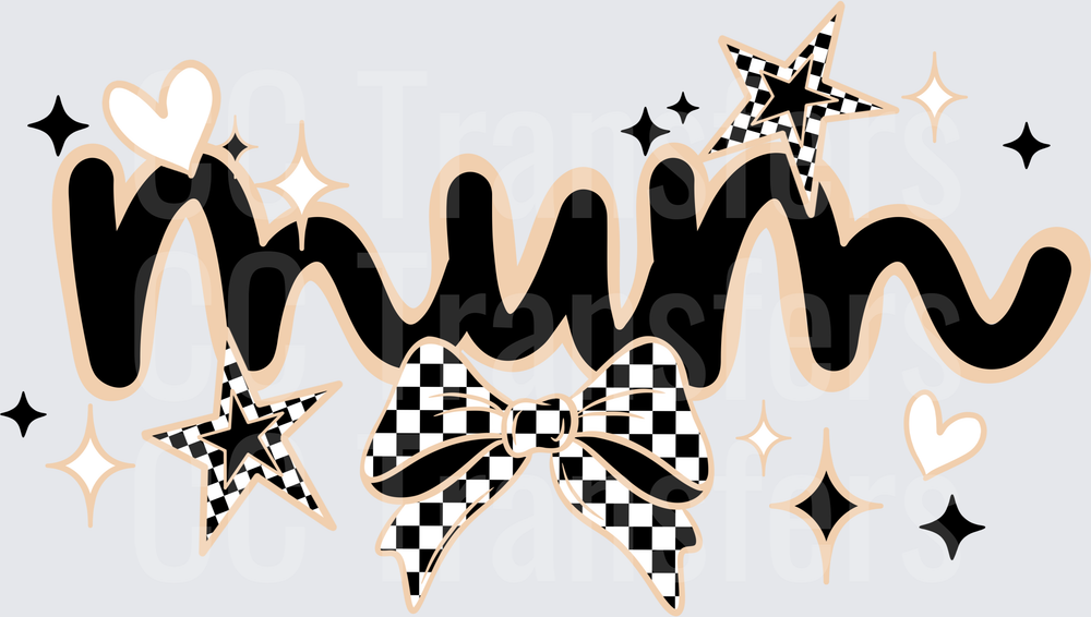 Retro Mum Bold Script Checkered Bow Stars Design (DTF)