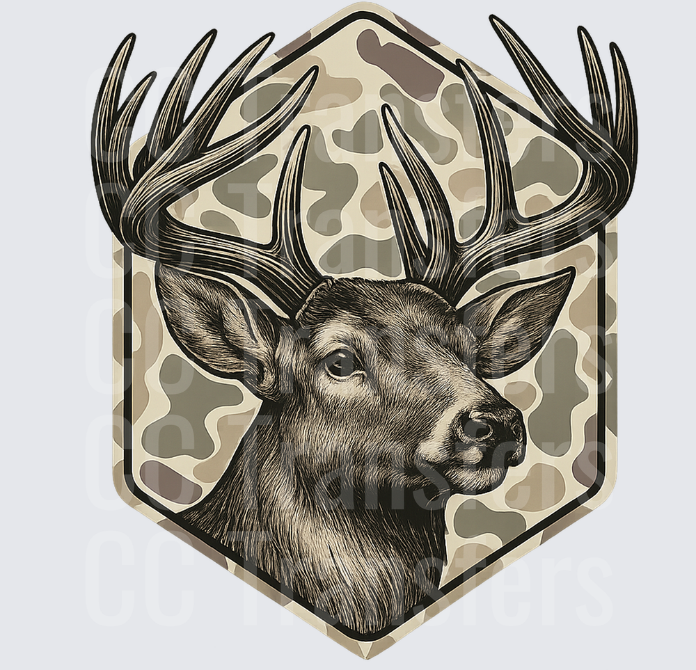 Whitetail Buck Portrait Hexagon Camo Badge (DTF)