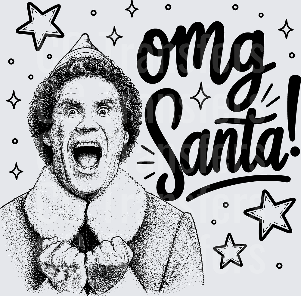 Excited Elf Guy OMG Santa Black White Stars (DTF)
