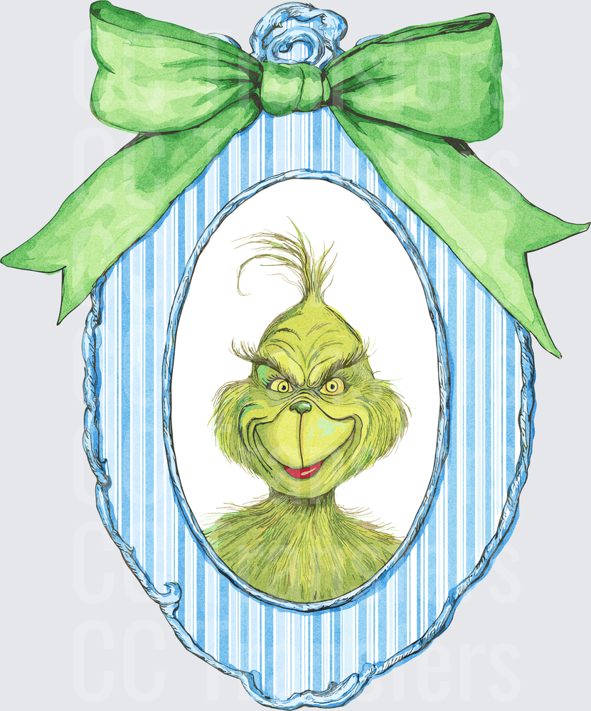 Grumpy Green Creature Oval Portrait Frame with Green Bow (DTF)
