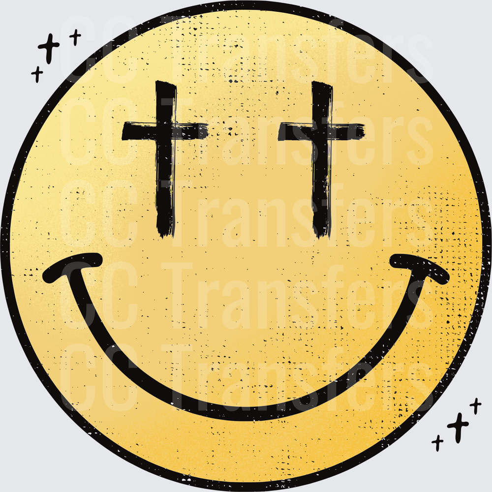 Golden Smiley Face with Cross Eyes Distressed Vintage (DTF)