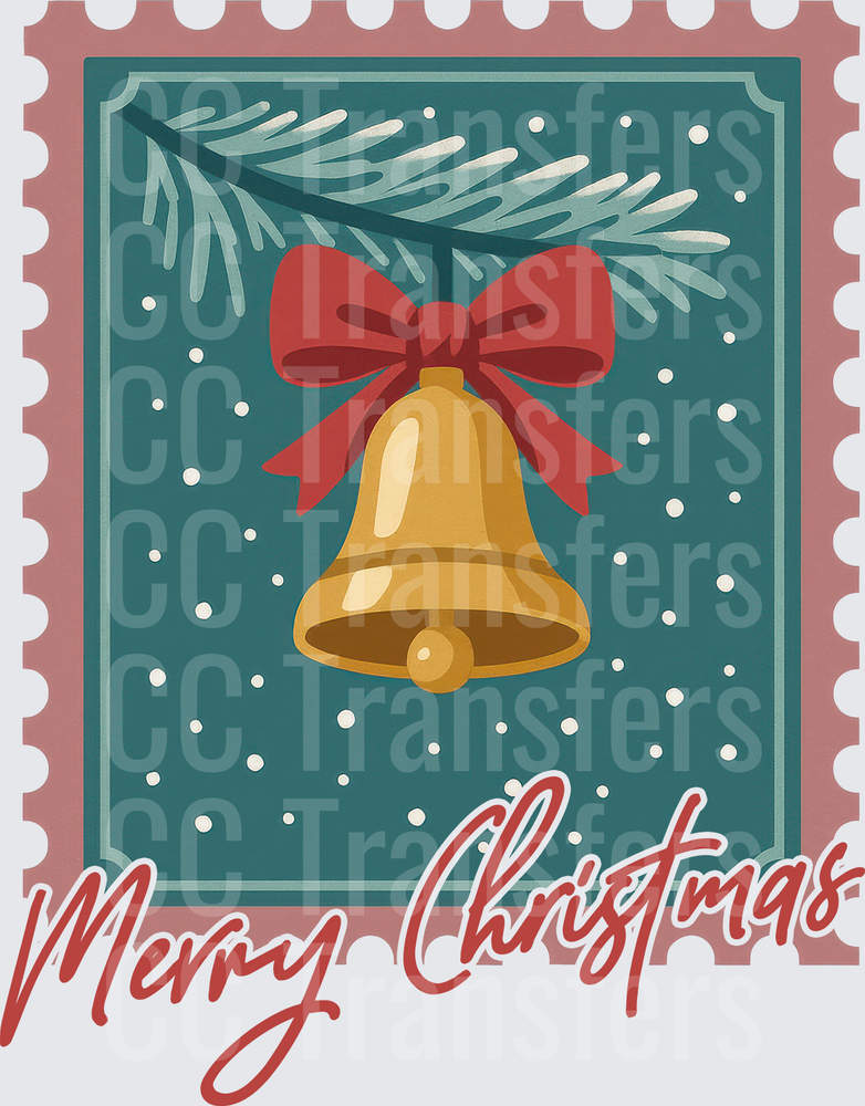 Merry Christmas Vintage Postage Stamp Gold Bell Red Bow (DTF)