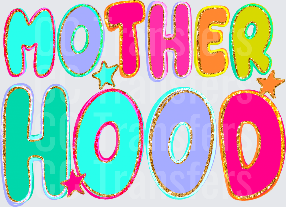 Motherhood Bold Colorful Glitter Text Design (DTF)