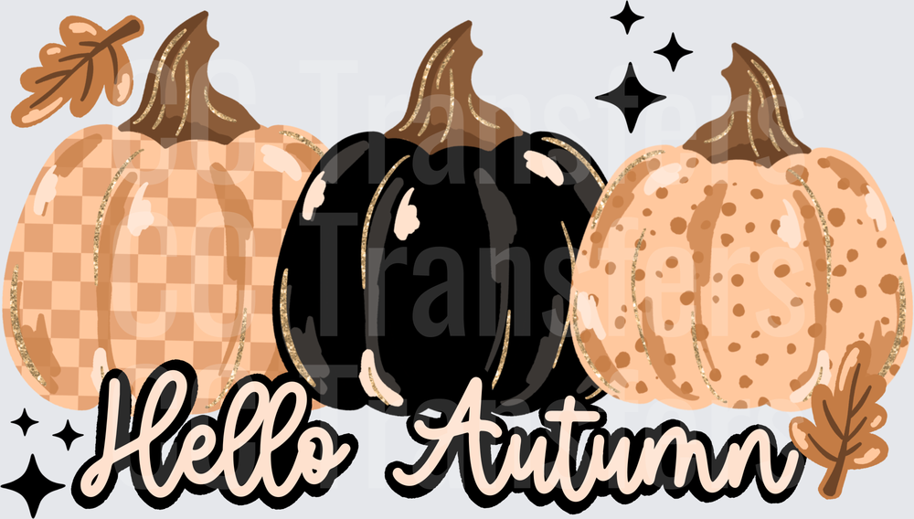 Hello Autumn Three Patterned Pumpkins Fall Leaves (DTF)