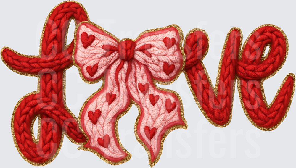 Knit Yarn Love Word Pink Bow Hearts Gold Border (DTF)